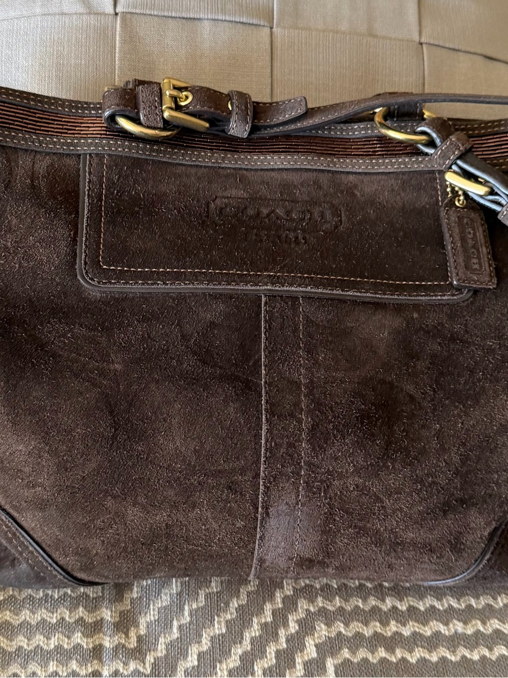 Coach Brown Suede Tote with Brass Accents